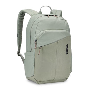 Sage green Thule backpack with front zippered pocket and side water bottle sleeve