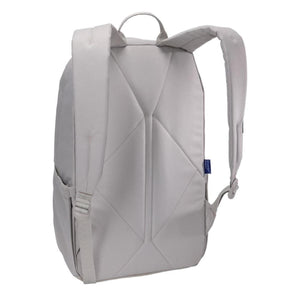 Back view of a light grey backpack with padded shoulder straps and a Bluesign product tag