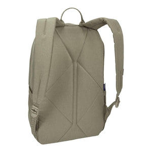 Back view of a beige Thule backpack showing padded shoulder straps and back panel