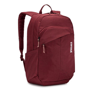 Thule burgundy backpack with front zipper pocket and side water bottle sleeve