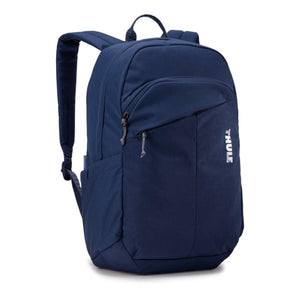 Thule navy blue backpack with front zippered pocket and padded shoulder straps