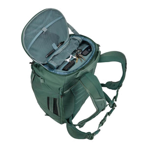 Open Thule backpack showing internal mesh pockets and organization compartments