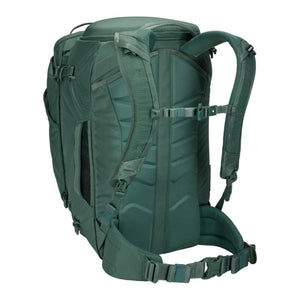 Back view of green Thule backpack showing padded shoulder straps and waist belt