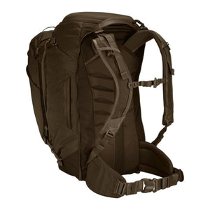 Back view of brown Thule backpack showing adjustable shoulder straps and waist belt