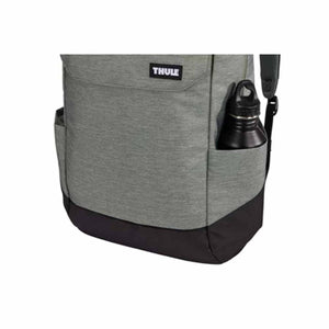 Thule backpack side pocket with black water bottle