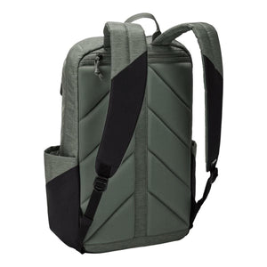 Back view of a Thule olive green backpack with padded shoulder straps and side pockets