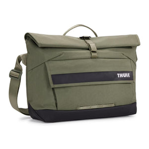 Olive green Thule rolltop messenger bag with black base and Thule logo