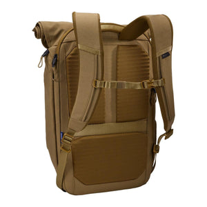 Back view of a tan Thule rolltop backpack showing padded shoulder straps and back panel