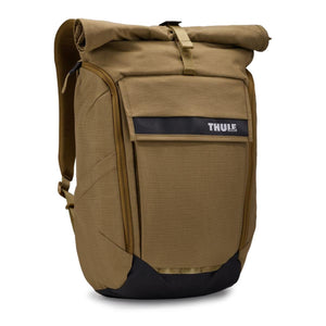 Thule tan rolltop backpack with black base and front pocket