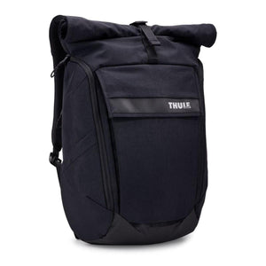 Black Thule rolltop backpack with front pocket