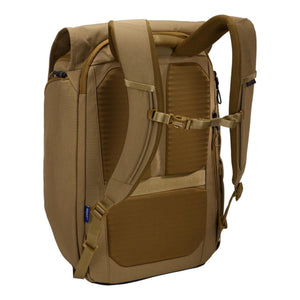 Back view of Thule tan backpack with padded shoulder straps and sternum strap