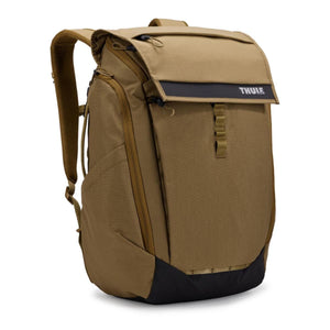 Tan Thule backpack with a flap top and black base