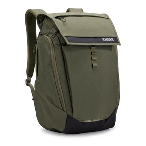 Thule olive green backpack with flap closure and black base