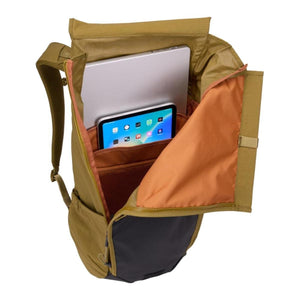 Thule backpack with open main compartment containing a laptop and tablet
