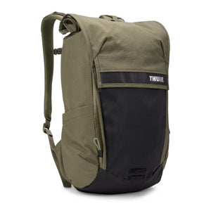 Thule olive green rolltop backpack with black front panel and logo