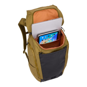 Open Thule backpack showing laptop and tablet in internal compartments