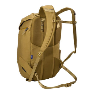 Back view of a tan Thule backpack showing padded shoulder straps and mesh back panel