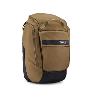 Thule tan and black backpack with top handle and front logo