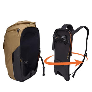 Thule backpack showing detachable harness system with rotation arrow