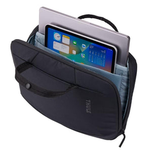 Thule black laptop sleeve with a laptop and tablet inside