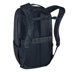 Back view of a black Thule backpack showing padded shoulder straps and mesh back panel