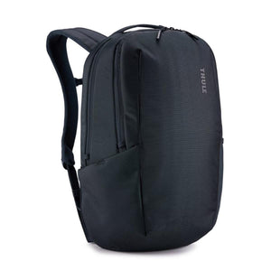 Black Thule backpack with zippered compartments and padded shoulder straps