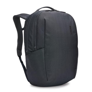Thule black backpack with zippered compartments and padded shoulder straps