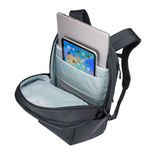 Open black backpack with laptop and tablet in internal sleeves