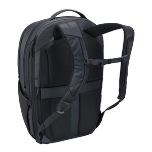 Back view of a black Thule backpack showing padded shoulder straps and mesh back panel