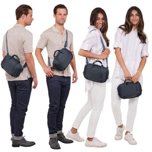 Man and woman wearing Thule crossbody bags in various positions