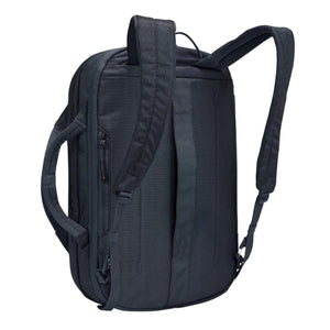 Back view of a black Thule backpack with padded shoulder straps and side carry handle