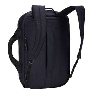 Back view of a black Thule backpack with adjustable shoulder straps and side carry handle