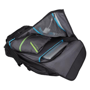Open Thule backpack showing internal laptop sleeve and mesh storage pocket