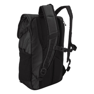 Back view of a black Thule backpack with padded shoulder straps and adjustable chest buckle