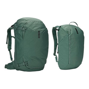 Two green Thule backpacks shown from the side and three quarter view