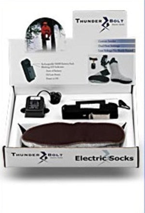 Thunderbolt electric socks kit with battery pack and charger in retail packaging