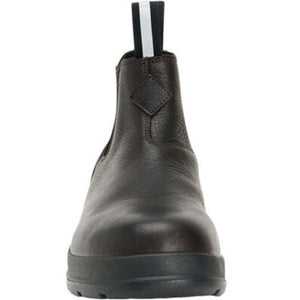 Brown leather Muck Chelsea boot with black and white pull tab