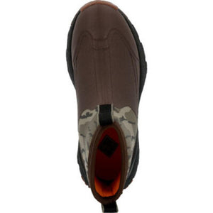 Top view of Muck brown ankle boot with camouflage collar and orange interior