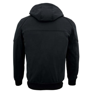 Back view of a black NexGen hooded softshell jacket with ribbed cuffs and hem