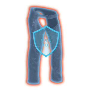 Milwaukee Leather motorcycle chaps with TFL Cool Tec shield graphic