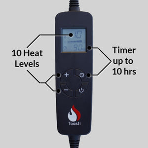 ToastiMat controller showing 10 heat levels and 10 hour timer settings
