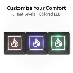Three square buttons with flame icons glowing red blue and green to indicate three heat levels