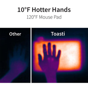 Thermal comparison showing a hand on a standard mouse pad versus a Toasti heated mouse pad