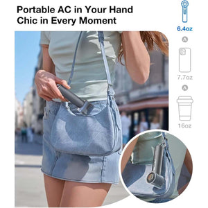Torras portable fan being placed into a handbag with weight comparison icons