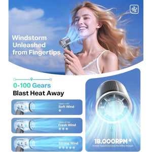Torras handheld fan showing 100 speed settings and 18000 RPM motor performance