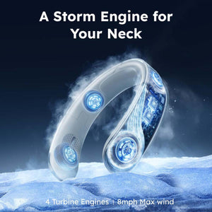 Portable neck fan with four blue turbine engines and visible internal circuitry