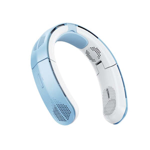 Torras blue and white wearable neck fan with ventilation grilles