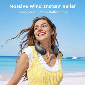 Woman wearing a portable neck fan on a beach