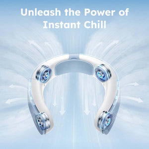 Portable neck fan with four cooling vents and airflow arrows