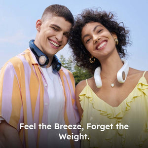 Man and woman wearing portable neck fans outdoors